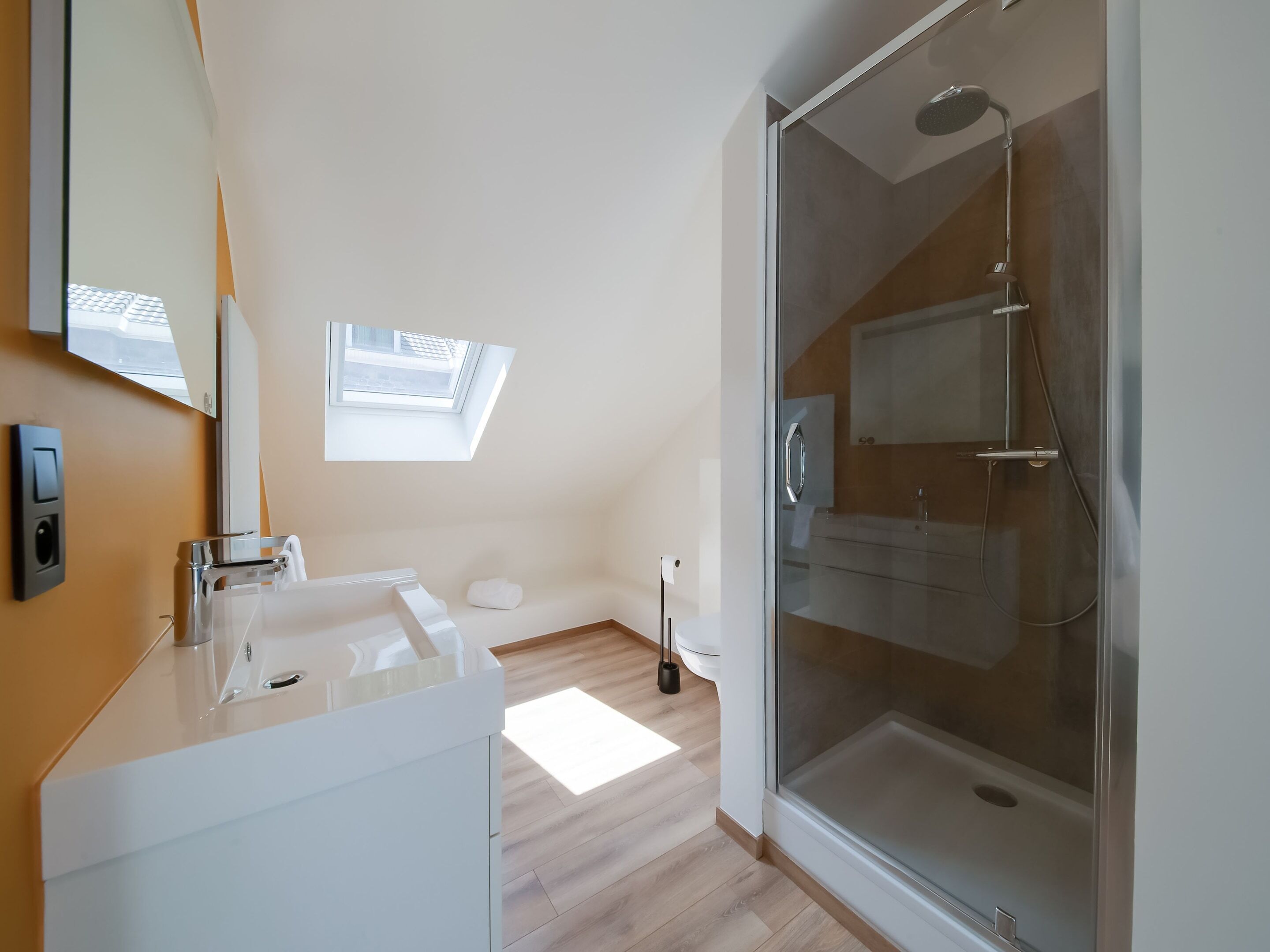 A modern bathroom with a glass shower enclosure, a white sink, and a skylight.