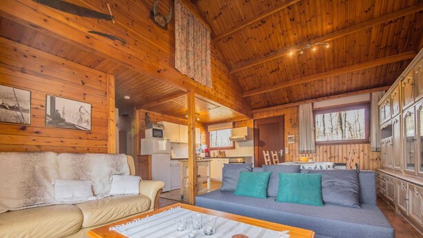 L’intérieur d’un chalet confortable, avec un canapé, une table basse et un coin cuisine.