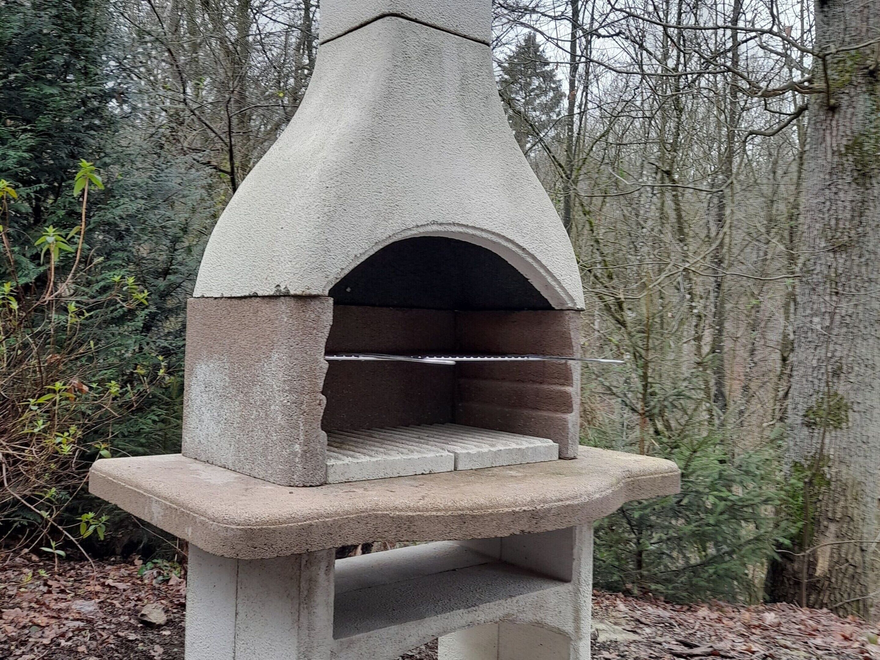Un horno de pizza de piedra con interior de ladrillo, rodeado de árboles.