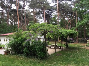 A garden area with a white building, a wooden pergola, and a picnic table.