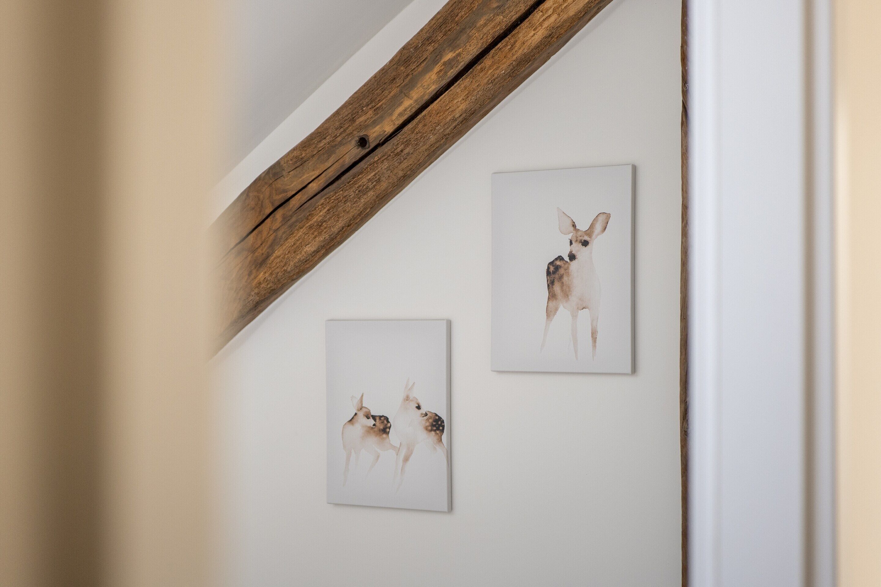 A room with a white wall and a wooden beam. There are three framed pictures of kangaroos on the wall.