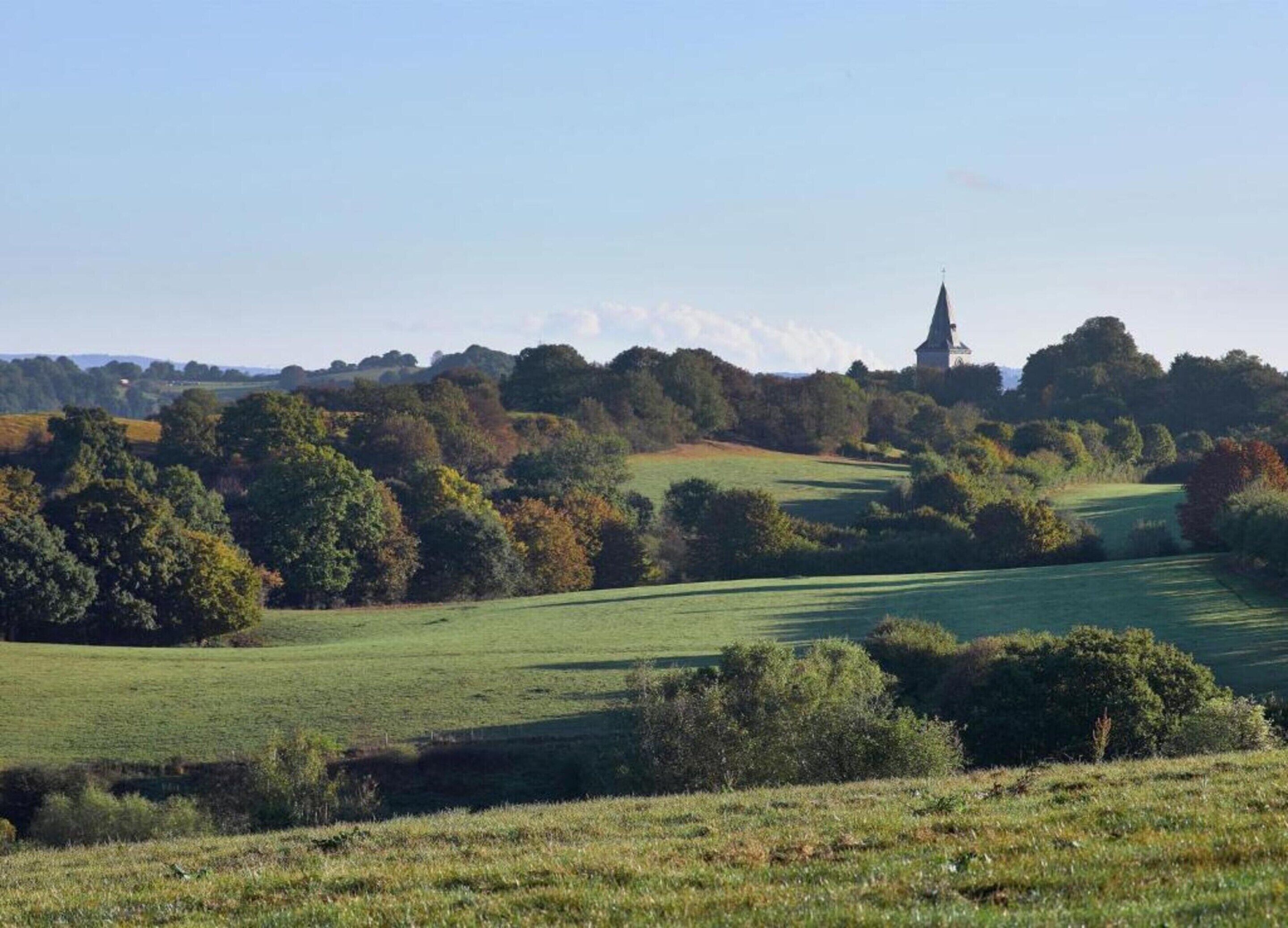 A rural landscape with rolling green fields, dense trees, and a distant church spire.