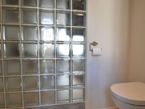 Un baño con un separador de vidrio bloque, un inodoro y un rollo de papel higiénico en la pared.