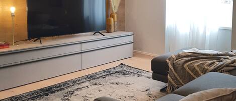 Leilighet – superior | Oppholdsområde | En 55-tommers smart-TV med digitale kanaler