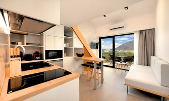 Apartamento luxo, 1 quarto, sacada, vista para o mar | Cozinha privada | Frigobar, micro-ondas, cooktop, máquina de café expresso