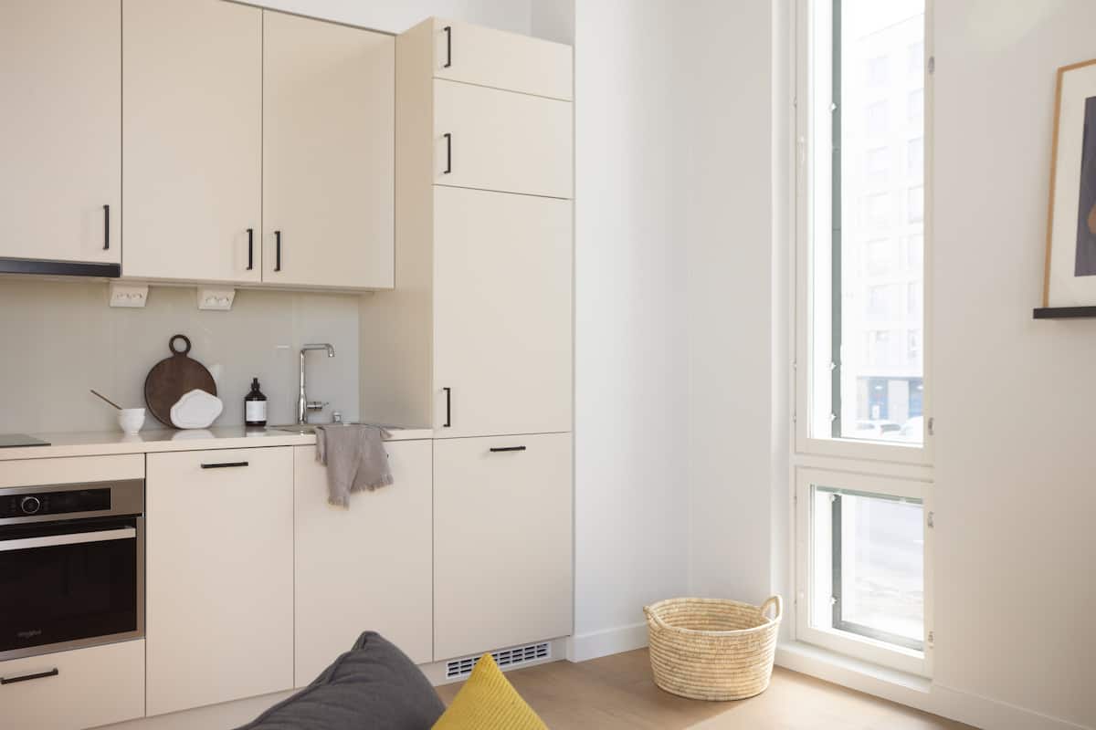 large studio with mezzanine | private kitchen | full-sized fridge, microwave, oven, stovetop