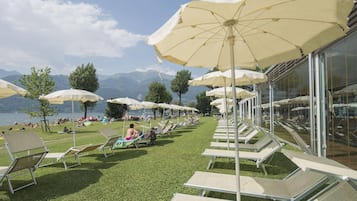 On the beach, sun-loungers, beach umbrellas, waterskiing