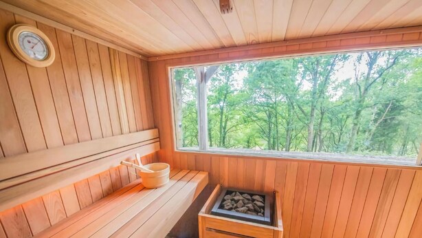 A sauna with wooden benches, a window with a view of trees, and a wood-burning stove.
