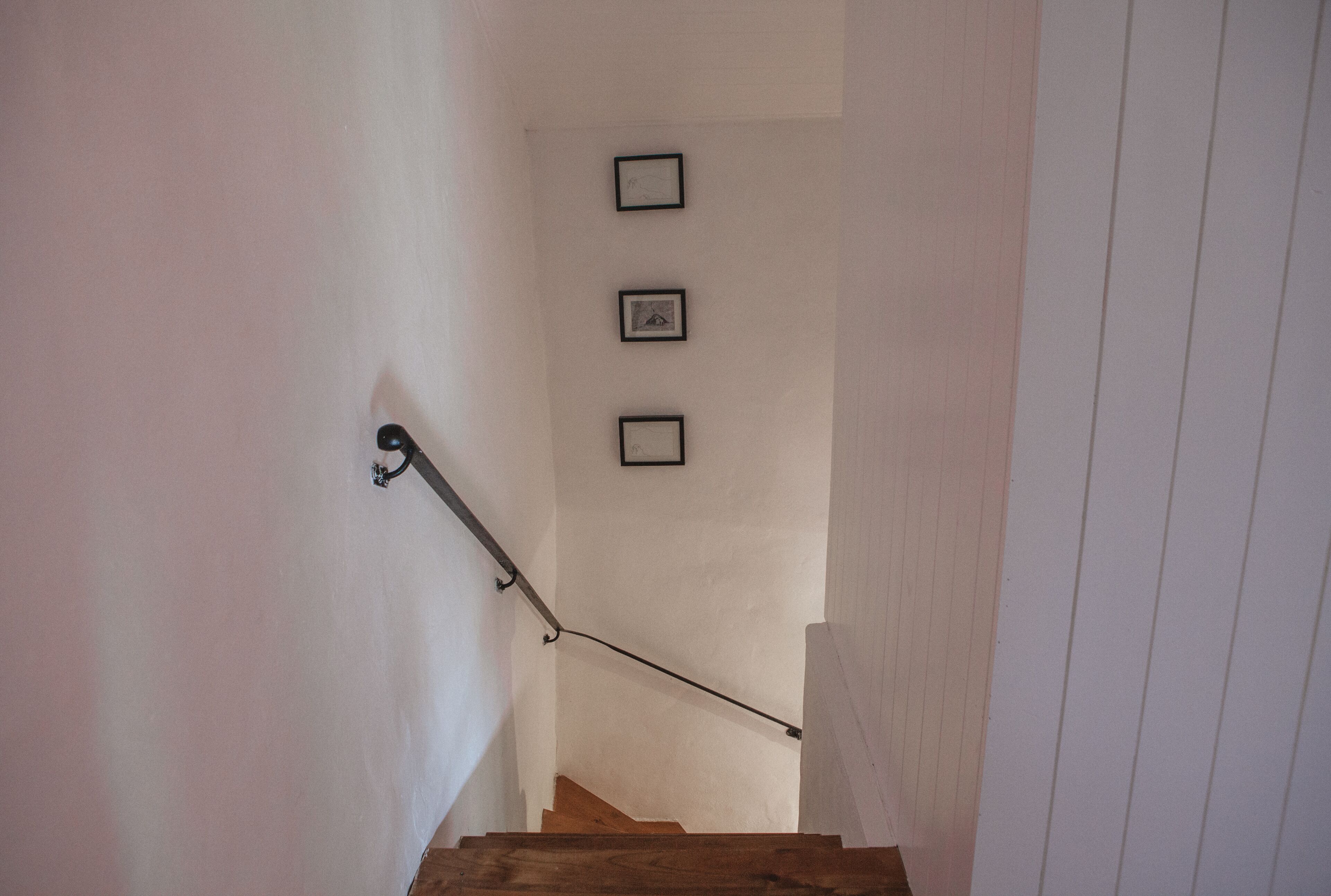 A staircase with wooden steps and a metal handrail, leading to a landing with three framed pictures on the wall.
