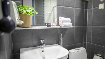 Habitación básica doble | Baño | Regadera, secadora de cabello, toallas