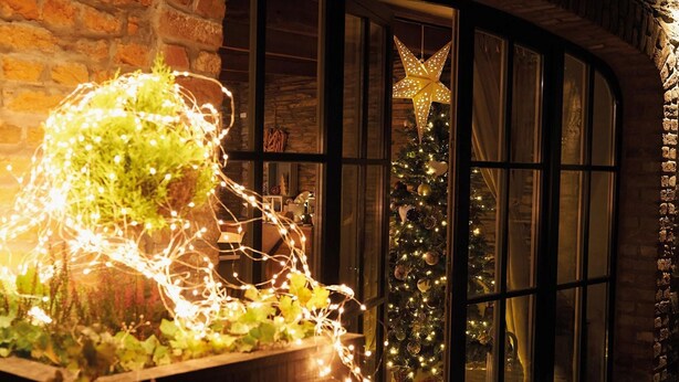 Ein gemütliches Zimmer mit Backsteinwand, einem Fenster mit sternförmiger Dekoration und einem Weihnachtsbaum mit Lichterketten.