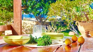 Une table en bois recouverte d’une nappe verte, deux verres transparents, un saladier vert, une assiette, une petite plante en pot et des citrons, le tout disposé dans un cadre extérieur ensoleillé.
