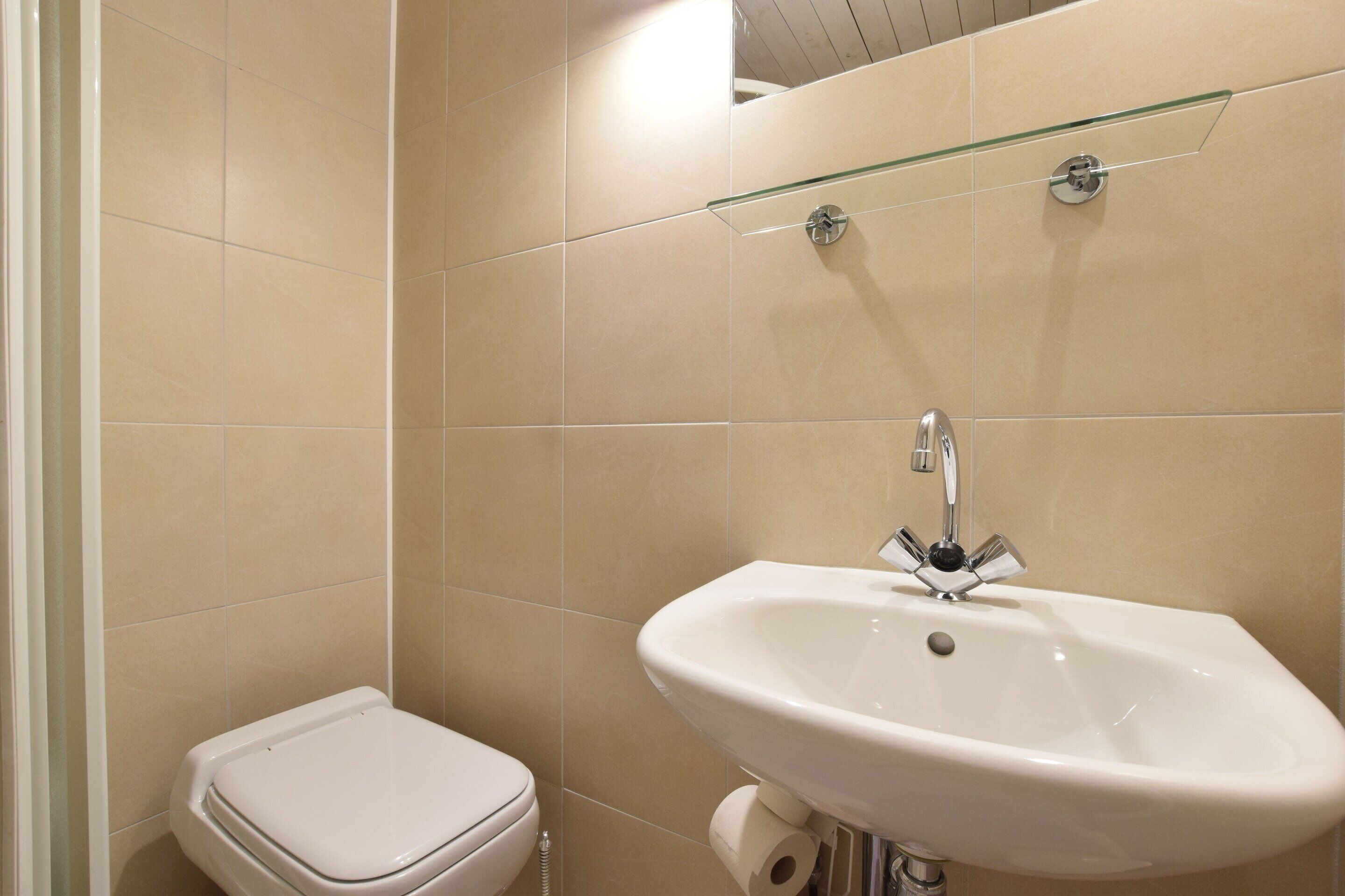 A bathroom with a toilet, a sink, and a glass shelf above the sink.