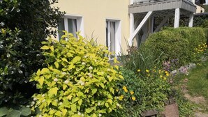 Un jardín con diversas plantas y flores, un sendero de piedra y un edificio con ventanas blancas y un balcón.