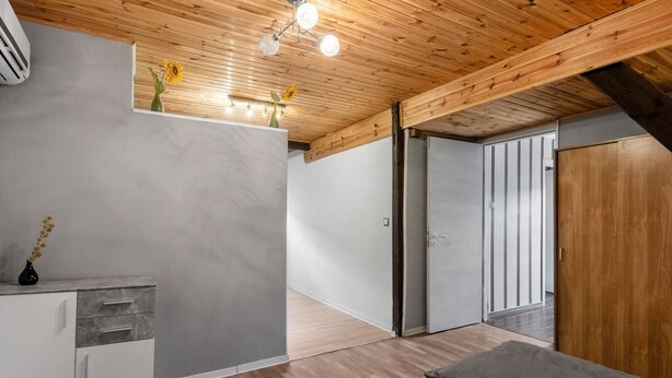 A modern interior with a wooden ceiling, a grey sofa, a white cabinet, and a door leading to another room. - Moselle Riverside Escape (Nehren)