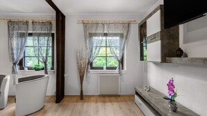 A modern room with two windows, a radiator, a white chair, a vase with flowers, and a flat-screen TV mounted on the wall. - Moselle Riverside Escape (Nehren)