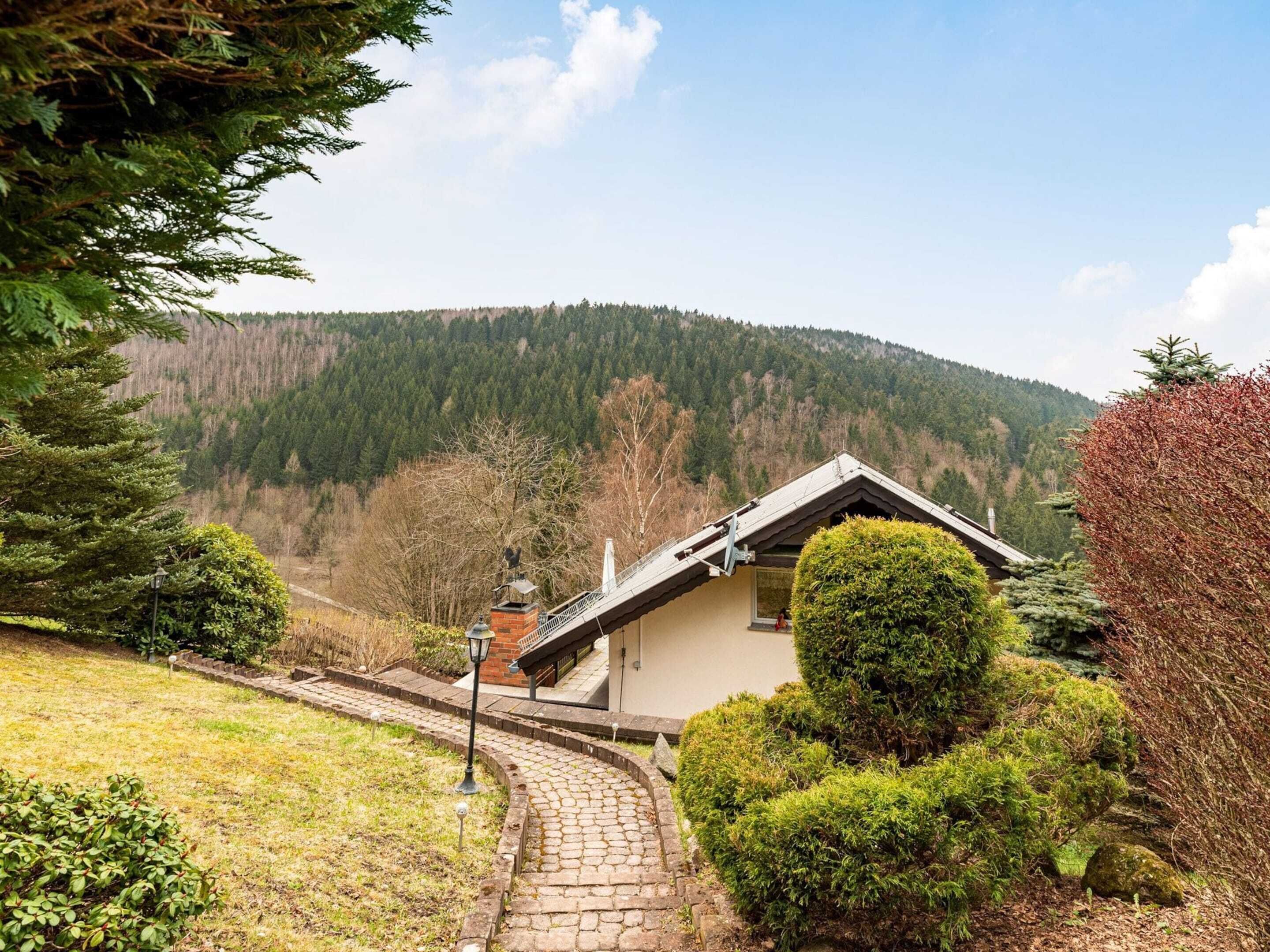 A chalet with a sloped roof, surrounded by a stone pathway, dense forest, and a mountain backdrop.