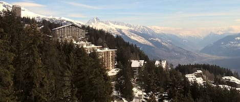 A mountainous area with a hotel featuring multiple buildings, surrounded by dense forests and snow-covered peaks.
