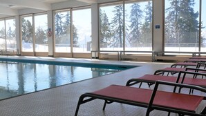An indoor swimming pool with clear views of trees and mountains through large windows.
