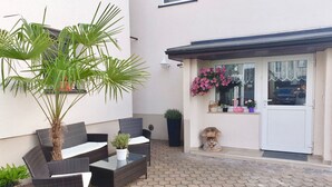 A patio with wicker furniture, a potted plant, and a door with a window.