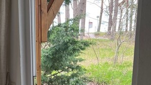 A view from a window with a wooden frame, looking out onto a grassy area with trees and a building in the distance. - Holiday Home With Direct Access to the Beach (Ostseebad Baabe)