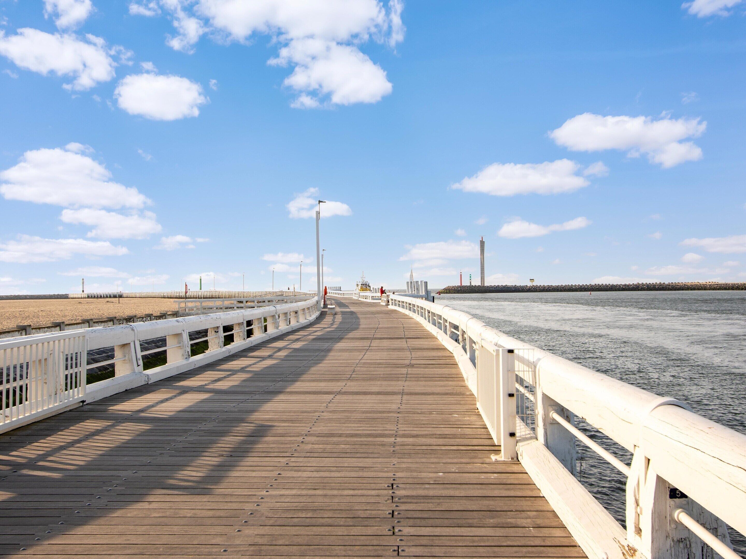 A wooden boardwalk extending into the distance with a white railing on one side and a body of water on the other.