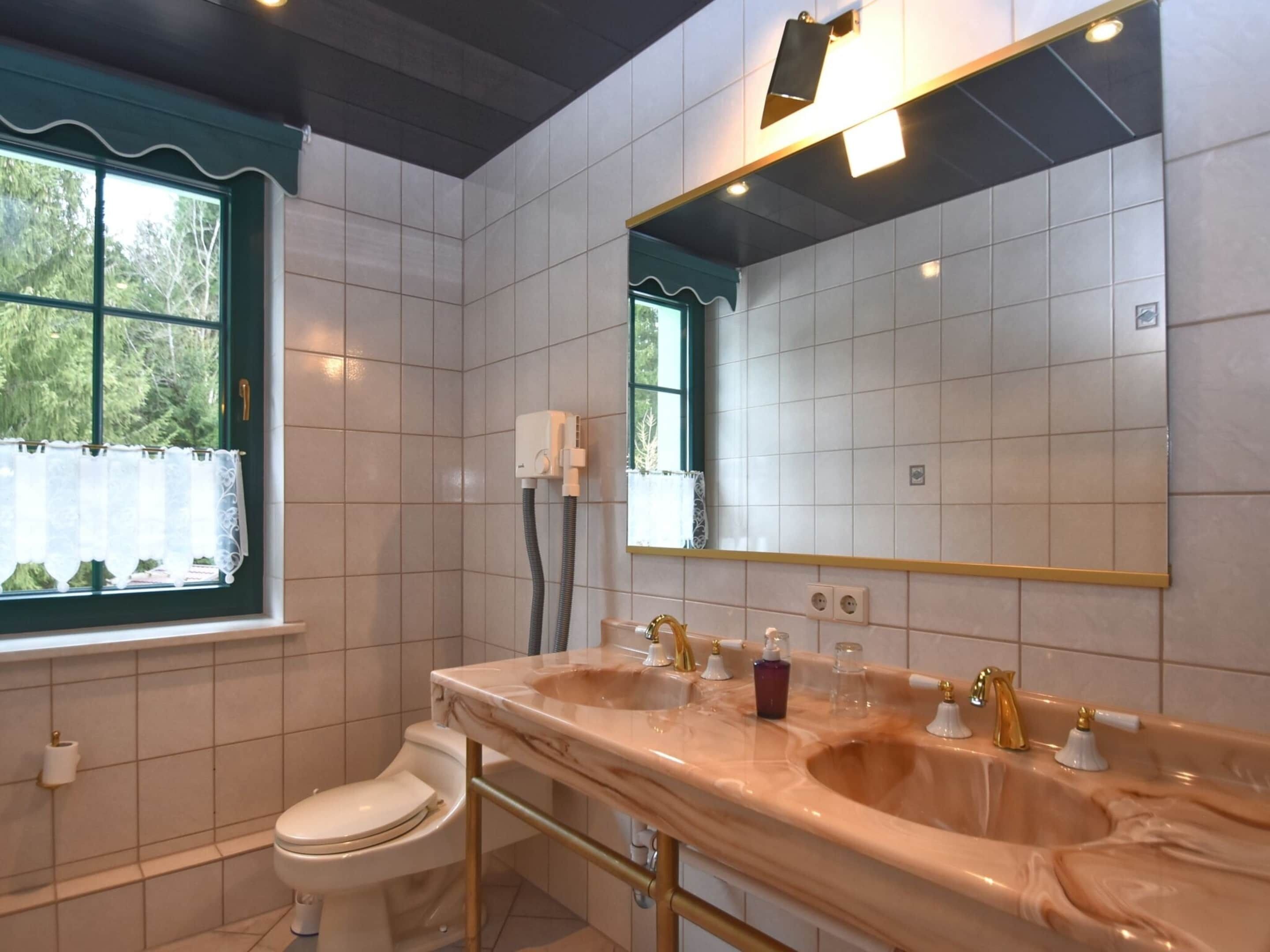 Une salle de bain avec des toilettes, un lavabo doté d’un grand miroir et une fenêtre donnant sur les arbres.
