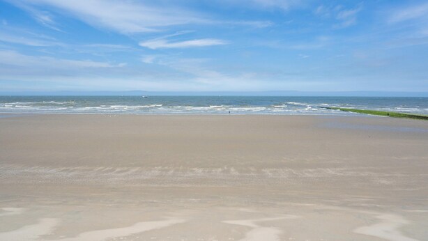 Une plage avec un ciel dégagé et des vagues sur l’océan.