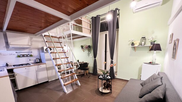 Un espace de vie compact comprenant une cuisine, un coin repas et un canapé. Une échelle en bois mène à une zone de couchage située en mezzanine.