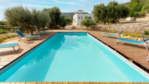Une piscine rectangulaire avec une terrasse en bois, entourée de chaises longues et d’arbres.