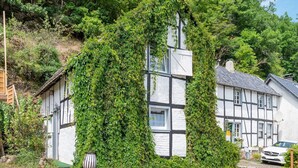 A traditional half-timbered house with ivy-covered walls and a visible chimney. - Pretty Holiday Home in Schleiden With Balcony and Barbecue (Schleiden)