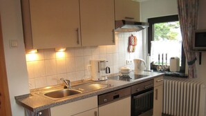 A modern kitchen with a sink, stove, and oven. There is a window with curtains and a radiator. - Apartment in Langewiese Near Winterberg (Winterberg)