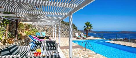 Seasonal outdoor pool, pool umbrellas, pool loungers