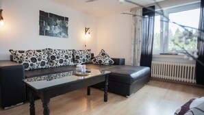 A modern living room with a sofa set, a glass coffee table, and a radiator near a window. - Modernes Appartement Neben Einem Skigebiet (Winterberg)