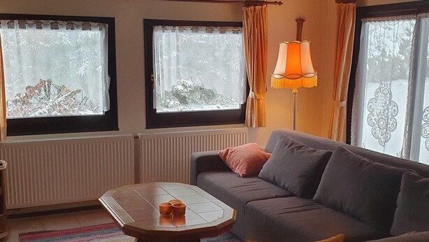 A living room with a sofa, a coffee table, and a lamp. There are windows with curtains and a radiator. - Ferienhaus mit Terrasse im Skigebiet (Willingen)