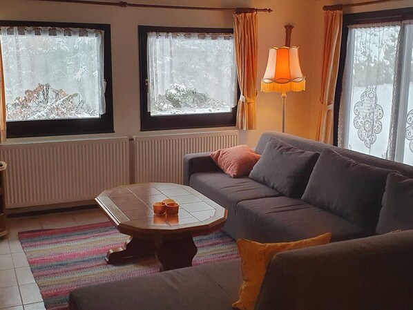 A living room with a sofa, a coffee table, and a lamp. There are windows with curtains and a radiator. - Ferienhaus mit Terrasse im Skigebiet (Willingen)