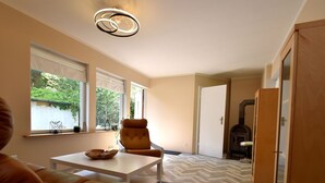 A modern living room with a sofa, a table, and a chair. There are windows with curtains, a fireplace, and a herringbone-patterned floor. - Bungalow in the Harz Mountains With Terrace (Oberharz am Brocken)