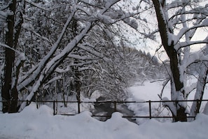 Un paysage enneigé, avec des arbres et une clôture en bois.