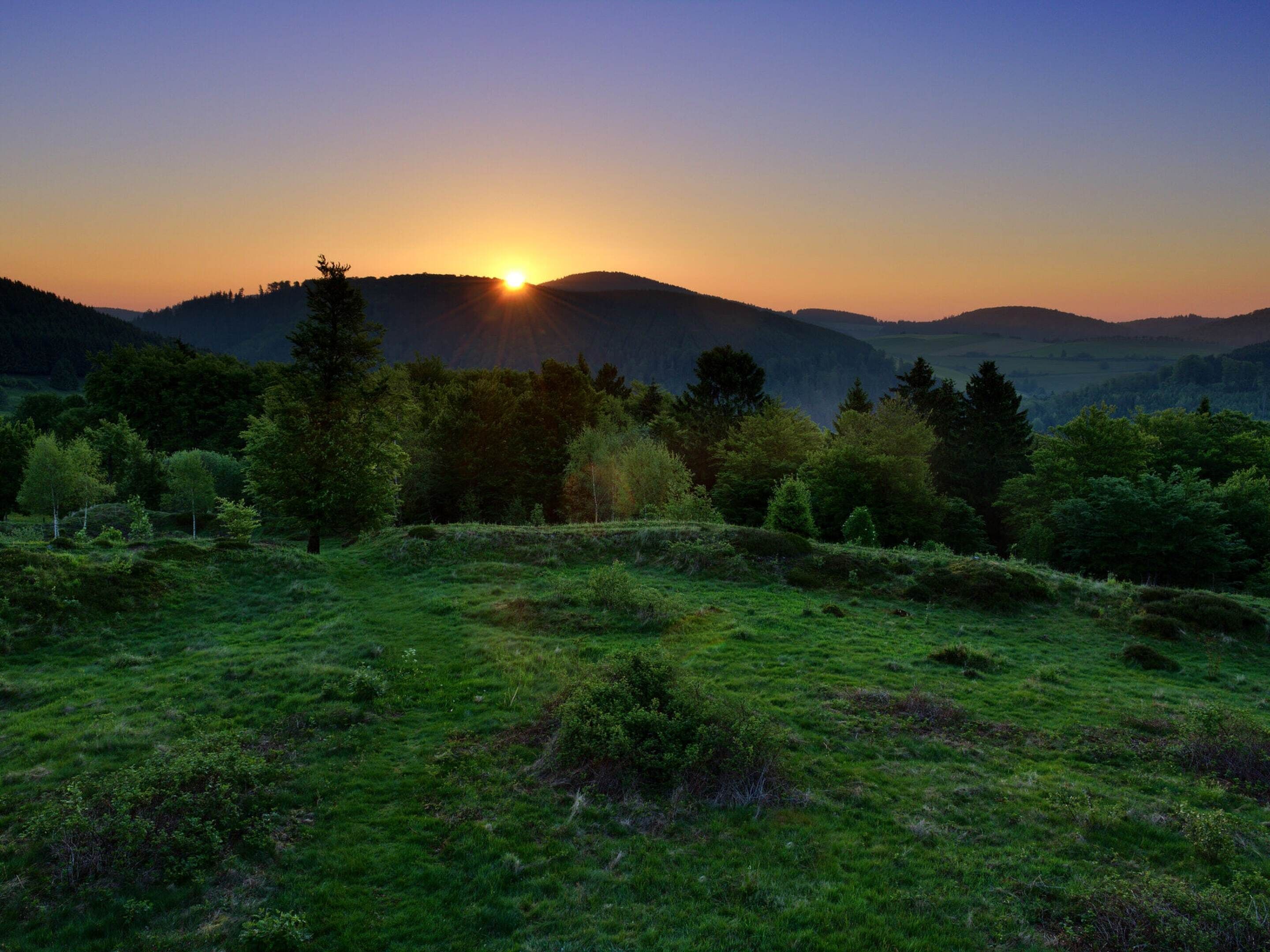 A sunset over a grassy field with trees and hills in the background.