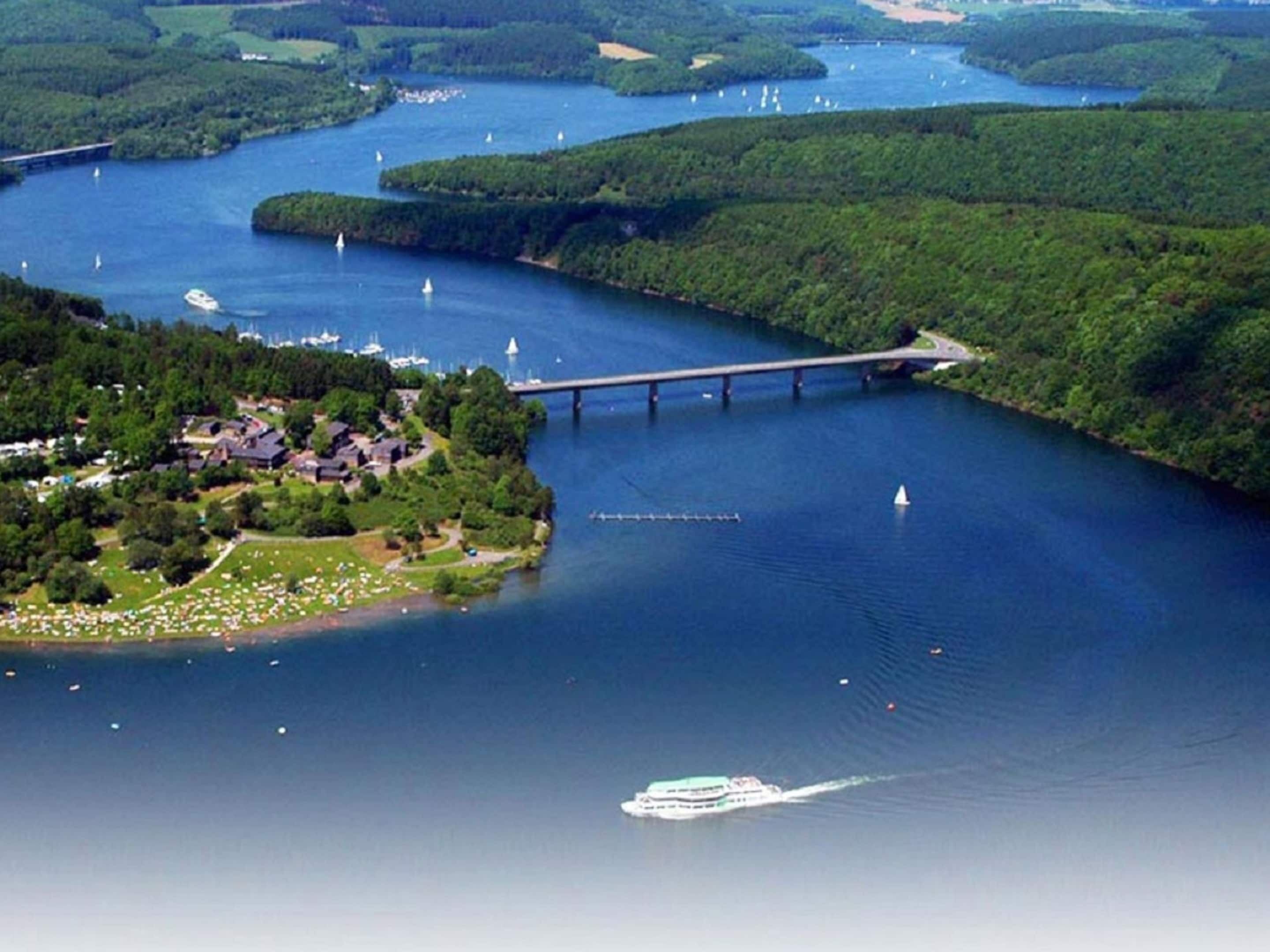 An aerial view of a river with a bridge, boats, and a small island with buildings and greenery.