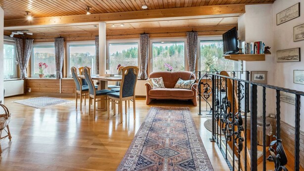 A spacious room with wooden floors, a large rug, a sofa, and a dining area with chairs. - Ferienhaus in Harzgerode (Harzgerode)