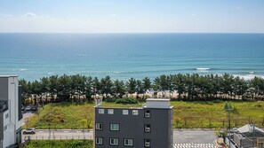 A coastal residential area with a view of the sea, a beach, and a row of trees. - Sokcho Pensionbyeol (Sokcho)