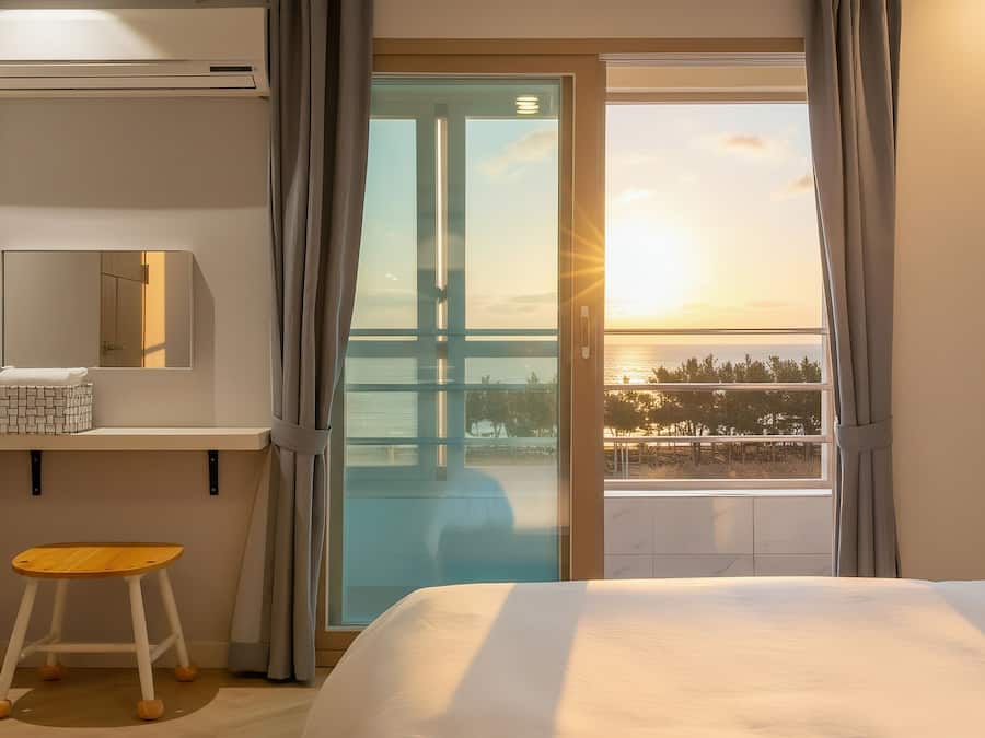 A hotel room with a bed, a small stool, a shelf with a mirror, and a view of a bridge and sunset.