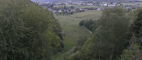Un paisaje rural con un valle, un pequeño pueblo y un camino de tierra.