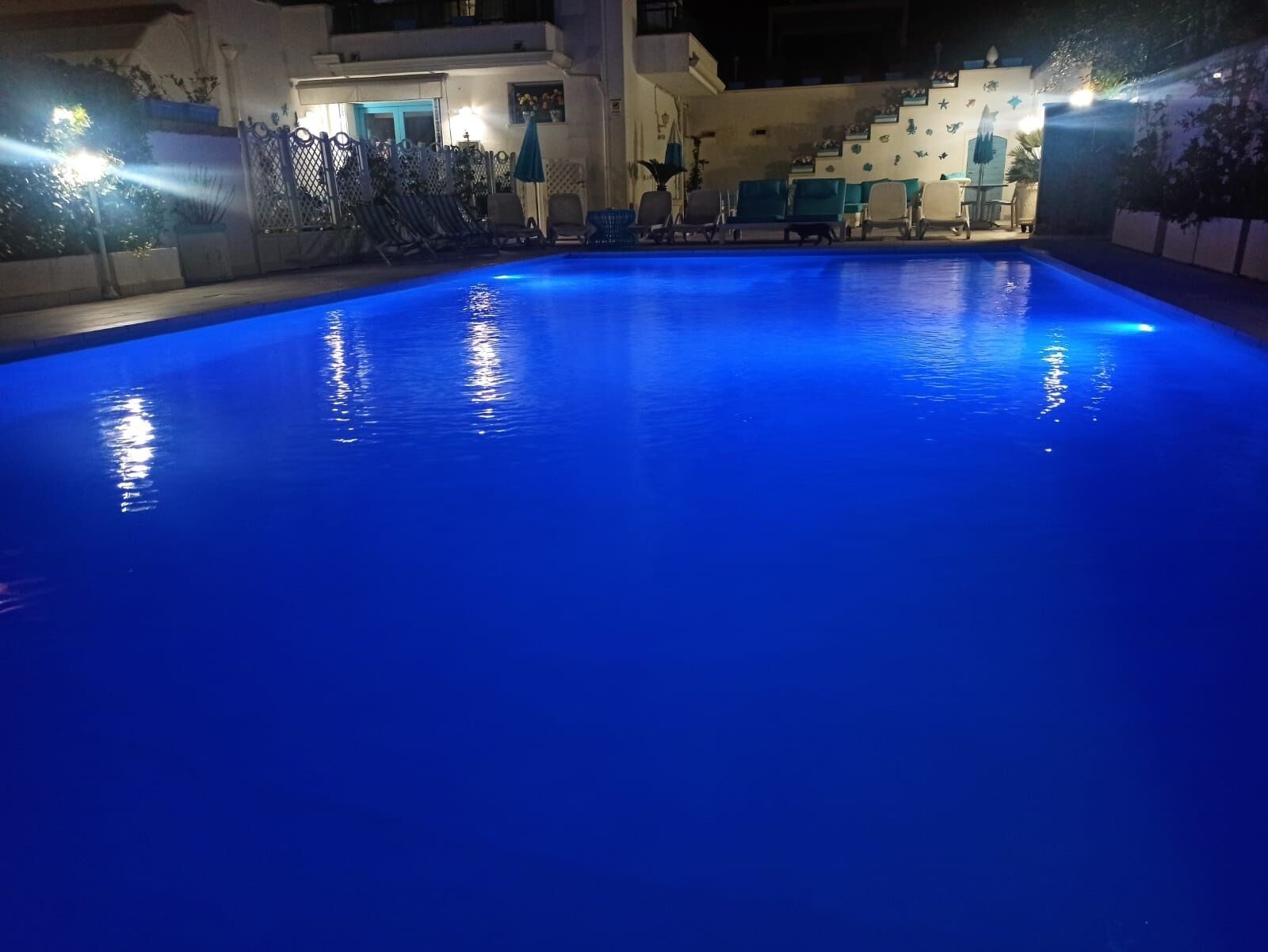 Una piscina dal riflesso blu, circondata da sdraio e una scalinata che conduce a un livello superiore.