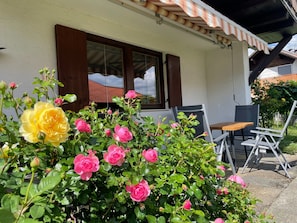 Enjoy a serene outdoor space with a lush rose bush and comfortable seating for two.
