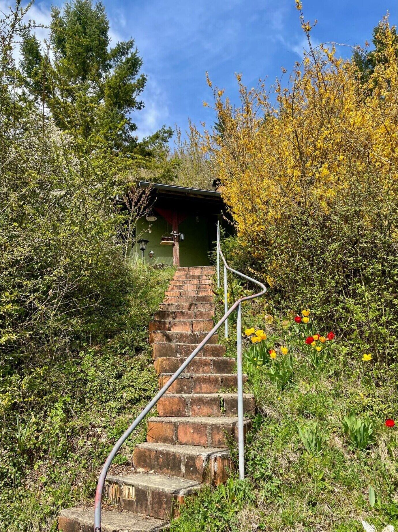 En trappa leder upp till en grön byggnad med ett rött tak, omgiven av tät grönska och blommor.