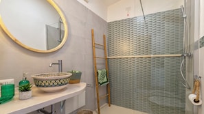 Shower, hair dryer, bidet, towels