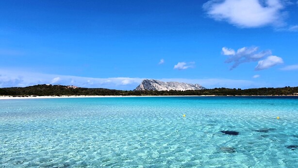 Un mar turquesa transparente con una montaña al fondo y una playa de arena blanca.
