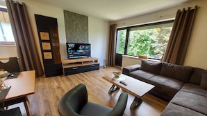 A modern living room with a wooden floor, a black armchair, a brown sofa, a coffee table, and a TV on a wooden stand. - Moderne Wohnung in Winterberg Nahe Skigebiet (Winterberg)